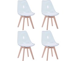KTN® - Eetkamerstoelen set van 4 - Rugleuning - Fauteuil - Woonkamerstoelen - Kuipstoelen - Gewatteerde zitting - Houten poten - Transparant - Wit