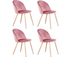 KTN® - Eetkamerstoelen set van 4 - Rugleuning - Fauteuil - Woonkamerstoelen - Kuipstoelen - Gewatteerde zitting - Zacht Fluweel Stof - Houten poten - Roze