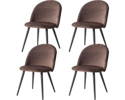 KTN® - Eetkamerstoelen set van 4 - Rugleuning - Fauteuil - Woonkamerstoelen - Kuipstoelen - Gewatteerde zitting - Zacht Fluweel Stof - Houten poten - Bruin