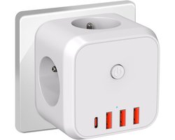 Kubusvormig wandstekkerblok 7-in-1 - 3 stopcontacten - 4000W met schakelaar - geschikt voor woonkamer - kantoor en slaapkamer