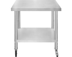 KuKoo Voorbereidingstafels - 86cm x 76cm x 45cm - Roestvrij Staal - 4 x Zwenkwielen met 2 Remmen, 4 x Verstelbare Poten, 3 Hoogteposities, 160kg Draagvermogen