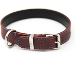 Kukura Lederen Hondenhalsband – Bordeaux met Blauw Stiksel - 25mm x 55cm – Halsband voor Hond & Kat