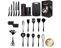 Kulinarix - Keukengerei Set met Houder 25 delig, Messenset, Messenblok & Snijplank, Marmerlook - Hittebestendig Siliconen Spatel - Keukenmes - Garde, Snijplanken, Schaar, Schuimspaan - Vleestang - Soeplepel - Pannenlikker, Opscheplepel - Deftig Zwart