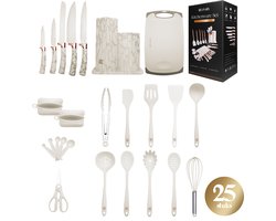 Kulinarix - Keukengerei Set met Houder, 25-Delig, Messenset, Messenblok & Snijplank, Marmerlook - Hittebestendig Siliconen Spatel - Keukenmes - Garde - Snijplanken, Schaar, Schuimspaan - Vleestang - Soeplepel, Pannenlikker, Opscheplepel - Elegant Wit