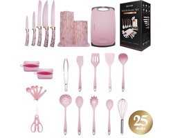 Kulinarix - Keukengerei Set met Houder, 25-Delig, Messenset, Messenblok & Snijplank, Marmerlook - Hittebestendig Siliconen Spatel - Keukenmes - Garde - Snijplanken, Schaar - Schuimspaan - Vleestang - Soeplepel, Pannenlikker, Opscheplepel - Zacht Roze