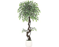 Kunst Ficus Boom 120 cm - Kunstplant voor binnen/buiten met witte sierpot, steentjes & mos - Levensechte nep ficus voor woonkamer, kantoor en balkon
