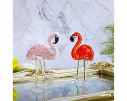 Kunst glas flamingo's ornament sculptuur voor huisdecoratie - Set van 2 - Handgeblazen dier beeldjes - Valentijnsdag cadeaus - Rood en roze - Ca. 75 characters