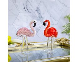 Kunst glas flamingo's ornament sculptuur voor huisdecoratie - Set van 2 - Handgeblazen dier beeldjes - Valentijnsdag cadeaus - Rood en roze - Ca. 75 characters