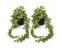 Kunst Hangplant met Zwarte Pot en Kleine Steentjes – 80 cm – Set van 2 – Realistische Nep Hangplanten voor Binnen