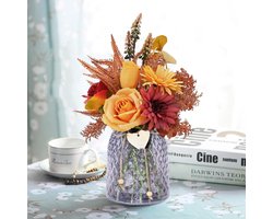 Kunstbloemen in pot - kunstbloemen tafeldecoratie woonkamer met eucalyptus kunst, decoratieve bloemen nepbloemen voor vensterbank decoratie en slaapkamer decoratie - glazen vaas inbegrepen