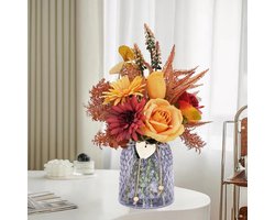 Kunstbloemen in pot - Tafeldecoratie voor woonkamer - Kunstrozen en chrysanten - Vensterbank decoratie - Slaapkamerdecoratie met glazen vaas kunstboeket