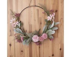 Kunstbloemen Krans Voordeur - Hangende Bloemenkrans Roze (40cm) voor Muurdecoratie - Trouwfeest & Feest - Imitatie Rozenkrans met Bladeren - All-Season Sfeerdecoratie