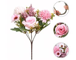Kunstbloemen met één steel - roze hortensia - kunstboeket - kunstroos - potplant - bureaudecoratie voor de woonkamer, cadeauset voor een bruiloft - roze