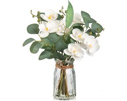 Kunstbloemen met Eucalyptusbladeren in Glazen Vaasje met Nepwater voor Realistische Decoratie en Tafel- of Vensterbank Versiering