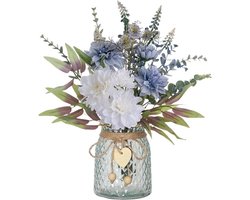 Kunstbloemen met glazen vaas en nepbloemboeket - Modern woondecor - Tafel decoratie - Blauw.