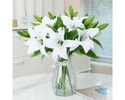 Kunstbloemen, set van 6 witte lelies, realistische bloemstukken, bruiloftsdecoratie, plastic bloemen voor thuis, kantoor, feestdecoratie