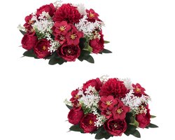 Kunstbloemen voor bloemstukken, decoratie, bruiloft, 2 stuks, karmijnrood, kunstbloemen voor tafeldecoratie, zijde, pioenroos met kunststof basis, kunstbloemen ballen voor jubileum - Rood