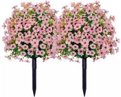 Kunstbloemenarrangement met bodeminzet, 2 UV-bestendige kunstplanten voor buiten, felgekleurde bloemen voor huisdecoratie, potboom met snijplank - roze.