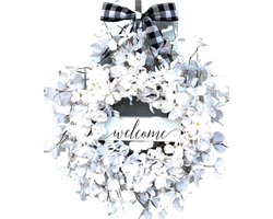 Kunstbloemenkrans Welkom Witte Kornoelje Krans voor Voordeur Bloemenkrans Hangend voor Voordeur Woonkamer Muur Tuin Bruiloft Festival Decoratie (Wit, 45cm x 45cm x 5cm)