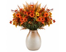 Kunstboeket - Herfstboeket Kunstbloemen met Violieren, Eucalyptus & Varens - Onderhoudsvrij Veldboeket - Geschikt voor Vaas, Eettafel & Herfstdecoratie - 42 cm - Alleen boeket - Oranje & Geel
