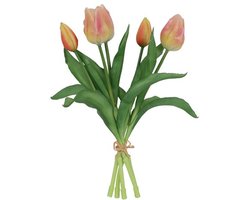 Kunstboeket Tulpen - Kunstbloem Zalm en Geel - 5 Stuks - 3D Geprint