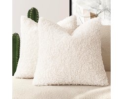 Kunstbont Kussenhoes 2 Stuks 45 x 45 cm - Decoratieve Fleece Kussenslopen voor Woonkamer, Bed en Bank - Pluizig en Zacht Design in Wit