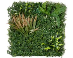 Kunsthaag plantenwand - Planten muur - Voor binnen en buiten - Mos, Bruin siergras en Varens - 50 x 50 cm