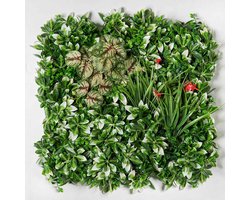 Kunsthaag plantenwand - Planten muur - Voor binnen - Rode bloemetjes en gras