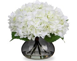 Kunsthortensia Bloemen in Glazen Vaas Met Witte Zijde voor Thuis, Badkamer en Bruiloftsdecoratie