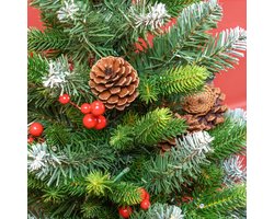 Kunstkerstboom, 50 cm, mini-kerstboom, ornamenten, kerstdecoratie met ledlicht, 141 punten, dennenappels en rode bessen, betonnen basis, groen
