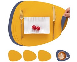 Kunstleren placemats en onderzetters 4-delig set - Wasbaar - Ronde vorm - Dubbelzijdig - Antislip placemat set - Kunstleer placemat set - Lederlook placemats (Donkerblauw en geel)
