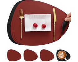 Kunstleren placemats en onderzetters 4-delig set - Wasbaar - Ronde vorm - Dubbelzijdig - Antislip placemat set - Kunstleer placemat set - Lederlook placemats (Zwart en rood)
