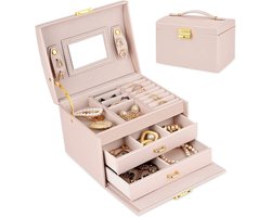 Kunstleren Sieradenkist Met Slot - Roze - PU Met Fluweel Voering En Veiligheidsslot Voor Dagelijks Gebruik En Reizen
