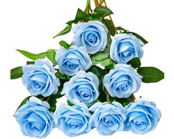 Kunstmatig zijden rozenboeket met enkele stelen, levensechte imitatie rozen. Ideaal voor bruidsboeketten, bloemstukken en tafelversieringen bij thuisfeesten. 12 stuks, 50 cm - Hemelsblauw