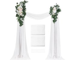 Kunstmatige Bruiloft Boog Bloemen Set 4-Pack - met Gordijnen - 2 Stuks Bloemstukken, 2 Stuks Transparante Gordijnen, voor Ceremonie, Boeketten, Receptie Achtergronddecoratie, Wit