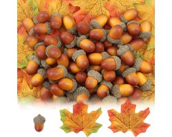 Kunstmatige Eikels Bladeren - Nep Eikels Esdoornblad - Herfst Decoratie - Realistisch Schuim Materiaal - 150 stuks - Bruin Groen