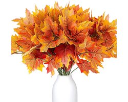Kunstmatige Esdoornbladeren Set van 4, Herfstdecoraties voor Tafel, Vaasvullers en Binnenhuis Versiering (Rood/Oranje)