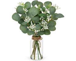 Kunstmatige eucalyptusstengels in een heldere glazen vaas met kunstmatig water, 36 cm neppe eucalyptusbladeren met gipskruid voor thuis, kantoor, boerderij, bruiloft, middelpunt, tafeldecoratie