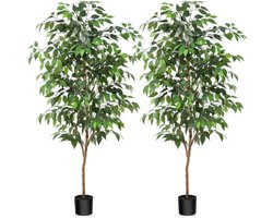Kunstmatige Ficusplant - 150 CM - Grote Nepplant Voor Binnen - Natuurlijke Houten Stam - Nep Ficusboom In Pot - Voor Woonkamer - Slaapkamer - Kantoor - Balkon - Tuindecoratie - 2 Stuks