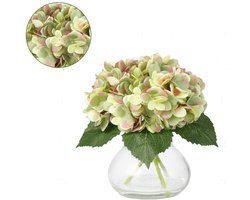 Kunstmatige hortensia bloemversiering - Glazen vaas met kunstwater - 5 zijden bloemstelen - Gemakkelijk te onderhouden - Geschikt voor eettafels, kantoren en bruiloftsdecoraties - Groen, 25 cm