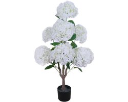Kunstmatige hortensia boom (90 cm) - Voor binnen, buiten & kantoor - Onderhoudsvrije woondecoratie met witte bloemen en bladeren - Kunststof textiel, wit