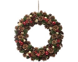 Kunstmatige kerstkrans, kerstkrans voor deur met rode strik, kunstmatige krans voor voordeur, eettafel, middenstuk, raam buiten kerstdecoratie (50 cm rood+groen A)