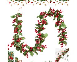 Kunstmatige kerstranken - Rode bessenkrans Kerstdecoratie - Kunstmatige groene krans van 1,7 meter - Versierd met rode bessen en hulstbladeren - Geschikt voor binnen- en buitendecoraties van open haarden en tafeldecoraties