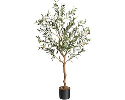 Kunstmatige Olijfboom 120 cm Hoog, Nep Zijden Olijfbomen voor Decoratie in Huis, Kantoor en Woonkamer, Binnen Nep Potboom met Natuurlijke Houten Stam en Levensechte Vruchten