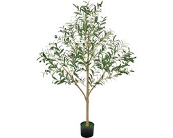 Kunstmatige Olijfboom 150 cm Met Zwarte Pot, Hoge Kunstplant Met Natuurlijke Houten Stam, Levensechte Groene Bladeren en Vruchten, Ideaal voor Binnenruimtes Zoals Huis, Kantoor, Woonkamer Of Hoeken