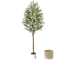 Kunstmatige Olijfboom 180 cm met Pot en Gevlochten Mand, Kunstboom met Olijven, Vormbare Takken met Metaaldraad, Kunstplant voor Woonkamer, Kantoor, Hal en Balkon
