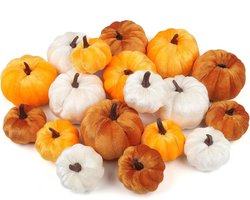 Kunstmatige Pompoen Decoratie - Herfstdecoratie - Pluche Schuim - 18 stuks - Oranje Wit - Thanksgiving - Eettafels - Farmhouse Decor - Halloween - Ambachten - Oogst - Decoraties - Geschikt voor Gebruik