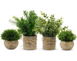 Kunstplant Eucalyptus Set van 4 – Kunstplanten in Pot – Decoratieve Kunstplanten met Jute Touw – Realistische Nepplanten – Onderhoudsvrij – Voor Woonkamer, Badkamer, Slaapkamer, Keuken en Bureau Decoratie