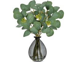 Kunstplant - Glazen vaas - Eucalyptus takken - Rustieke decoratie - Boho - Boerderijstijl - Slaapkamer - Keuken - Eetkamer - Badkamer - Barnsteen rookkleur