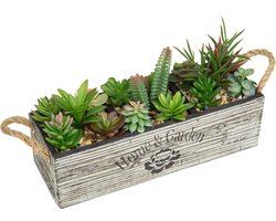 Kunstplant vetplanten, kunstplanten in houten pot, decoratieve plant, kamerplant, ideaal voor vensterbank, balkon, kantoor, badkamer, decoratie